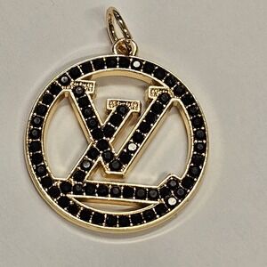 LV Logo Gold Tone Round Charm Black Crystal Louis Pendant Necklace Women